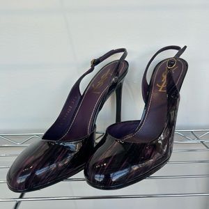 YVES SAINT LAURENT: Vitello Vernice Nicole Patent Leather Slingback Pumps